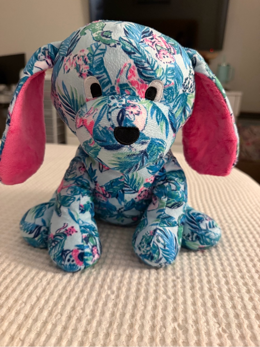 Lilly Pulitzer Sandy Plush Dog in “barking up the palm tree” print
